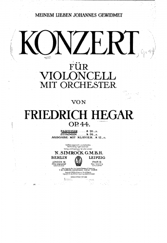 Hegar - Cello Concerto, Op. 44 - Score