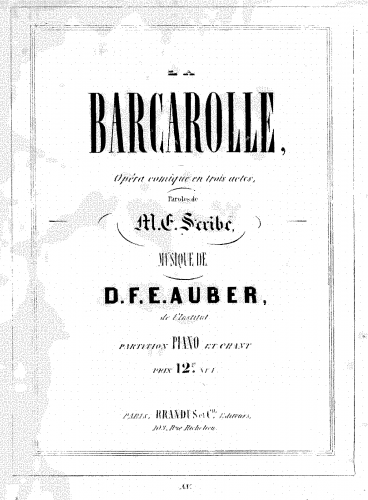 Auber - La barcarolle, ou L'Amour et la Musique - Vocal Score - Score