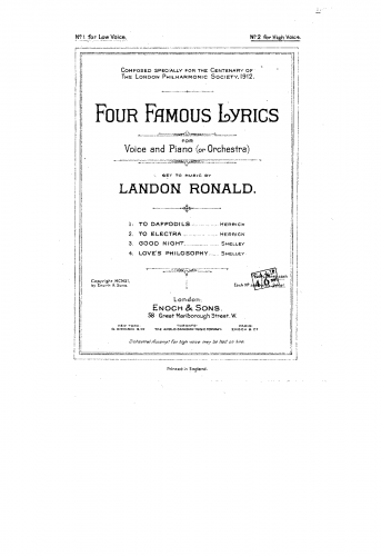 Ronald - Four famous lyrics, for voice and piano; set to music by Landon Ronald. Composed specially for the Centenary of the London Philharmonic Society, 1912. - Score