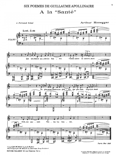 Honegger - 6 Poèmes extraits de Alcools de G. Apollinaire - Score