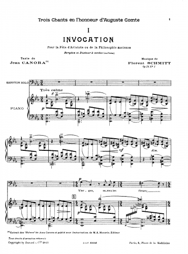 Schmitt - 3 Chants en l'honneur d'Auguste Comte - Vocal Score - Score