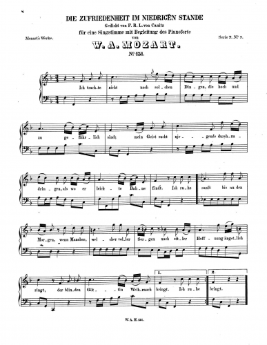 Mozart - Die Zufriedenheit in niedrigen Stande - Score
