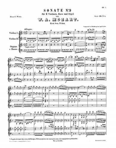 Mozart - Church Sonata - Scores and Parts - Score