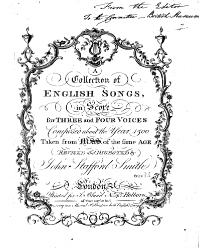 Smith - A Collection of English Songs in Score, for 3 and 4 voices, Composed about the Year 1500 Taken from MSS of the same Age - Complete book