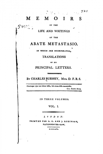 Burney - Memoirs of the life and writings of the Abate Metastasio