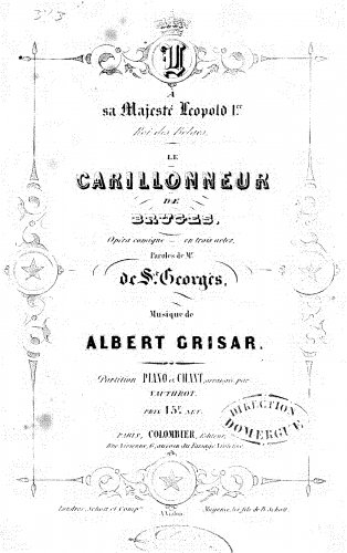 Grisar - Le carillonneur de Bruges - Vocal Score - Score