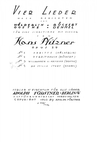 Pfitzner - 4 Lieder - Score