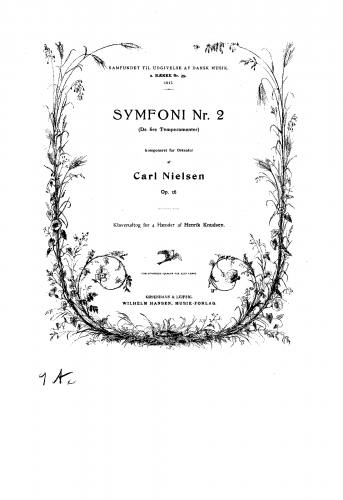 Nielsen - Symphony No. 2, Op. 16 "De Fire Temperamenter" - For Piano 4 Hands (Knudsen) - Score
