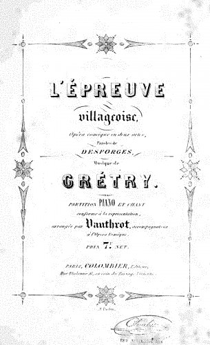 Grétry - L'épreuve villageoise - Vocal Score - Score