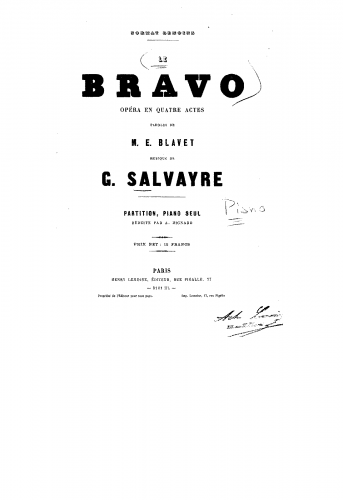 Salvayre - Le bravo - Complete Opera For Piano Solo (Hignard) - Score