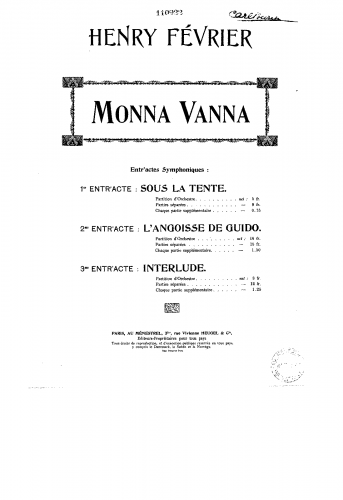 Février - Monna Vanna - Interlude (Act III) - Score