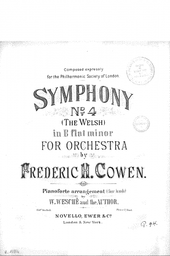 Cowen - Symphony  no. 4 (The Welsh) in B flat minor, for orchestra - For Piano 4 Hands - Score