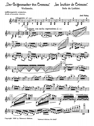 Hubay - A cremonai heged?s - Violin Solo/Solo de Luthier For Violin and Piano (Hubay?) - Score