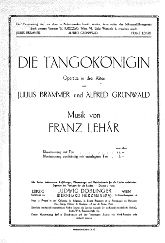 Lehár - Die Tangokönigin - Vocal Score - Score