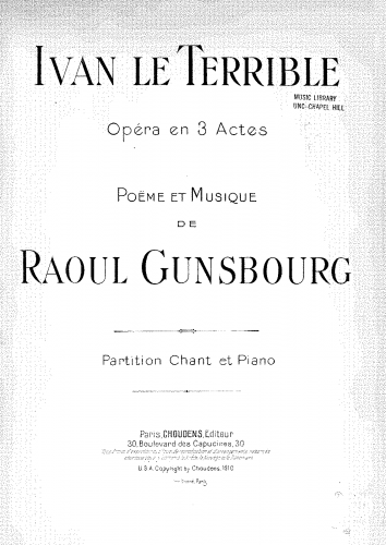 Gunsbourg - Ivan le terrible - Vocal Score - Score
