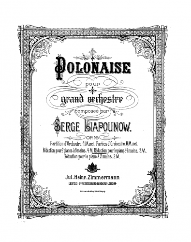 Lyapunov - Polonaise for Grande Orchestra, Op. 16 - For Piano 4 hands (Composer) - Score