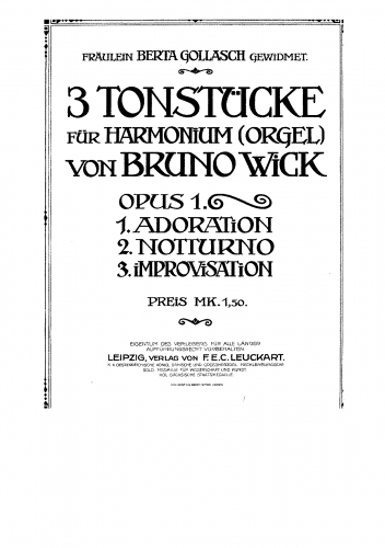Wick - 3 Tonstücke, Op. 1 - Score