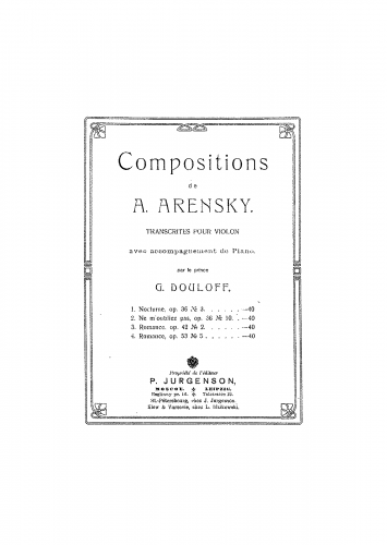 Arensky - 6 Pieces - Romance (No. 5) For Violin and Piano (Dulov) - Piano Score and Violin part