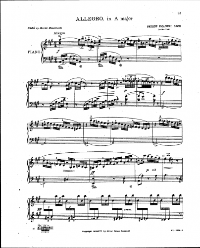 Bach - Sonata in A from 'Sechs Clavier-Sonaten für Kenner und Liebhaber, I' - Score