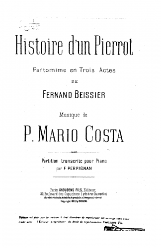 Costa - Histoire d'un Pierrot - For Piano solo (Perpignan) - Score