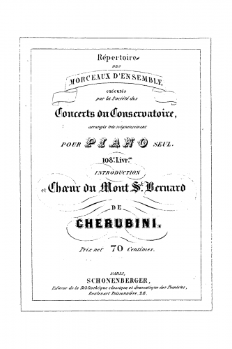 Cherubini - Eliza, ou Le voyage aux glaciers du Mont St-Bernard - Introduction et Chur For Piano solo (Unknown) - Score