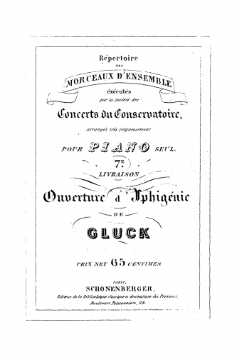 Gluck - Iphigénie en Aulide - Overture For Piano solo (Unknown) - Score