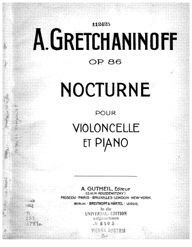 Grechaninov - Nocturne, Op. 86a - Piano Score and Cello Part