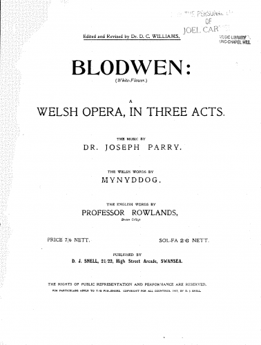 Parry - Blodwen - Vocal Score - Score