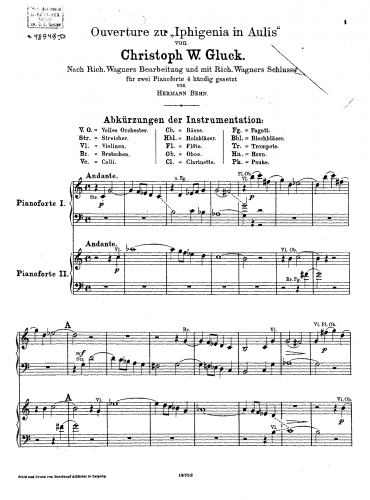 Gluck - Iphigénie en Aulide - Overture For Piano solo (Behn) - Score