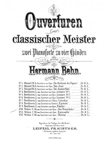 Weber - Der Freischütz, Op. 77 - Overture For 2 Pianos 4 hands (Behn) - Score