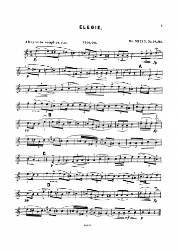 Grieg - Lyric Pieces, Op. 38 - No. 6. Elegie For Violin and Piano - Violin Part