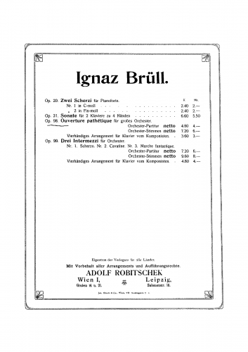 Brüll - Ouverture pathétique, Op. 98 - For Piano 4 hands - Score