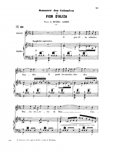 Massé - Fior d'Aliza - Vocal Score Romance des Colombes - Score