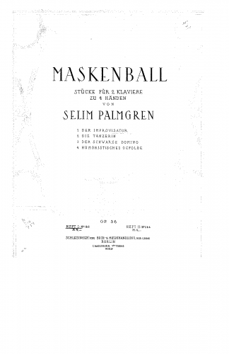 Palmgren - Maskenball stücke für 2 klaviere - Score
