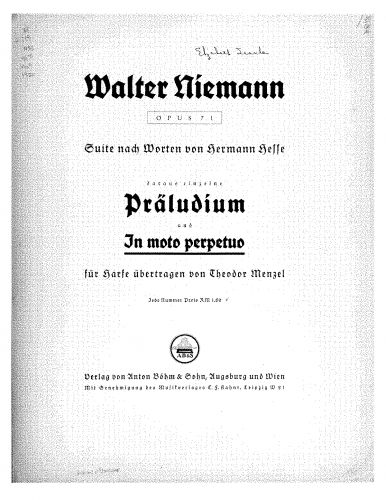 Niemann - Suite nach Worten von Hermann Hesse. Für Klavier. Werk 71. - No. 4. In moto perpetuo: Vivo, ma non troppo For Harp solo (Menzel) - Score