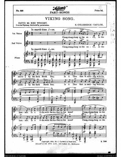 Coleridge-Taylor - Viking Song - For 2 Voices and Piano (Composer) - Score