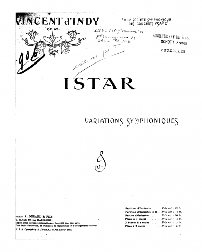 Indy - Istar: Variations Symphoniques, Op. 42 - For 2 Pianos 4 hands (Durand) - Score