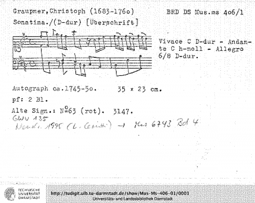 Graupner - Sonatina in D major - Score
