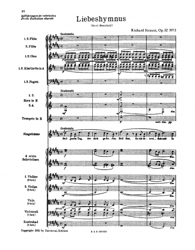 Strauss - 5 Lieder - Liebeshymnus (No. 3) For Voice and Orchestra - Score
