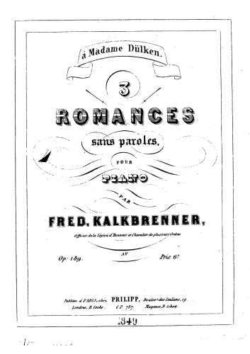 Kalkbrenner - 3 Romances sans Paroles, Op. 189 - Score