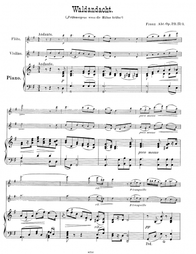 Abt - 5 Lieder for Mezzo or Alto - No. 3. Waldandacht For Flute, Violin and Piano - Piano score, violin part, and flute part