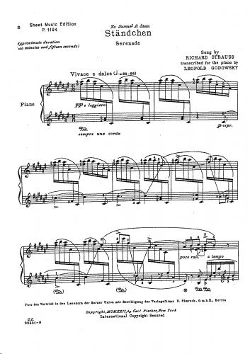Strauss - 6 Lieder von Adolf Friedrich Graf von Schack - Ständchen (No. 2) For Piano solo (Godowsky) - Score