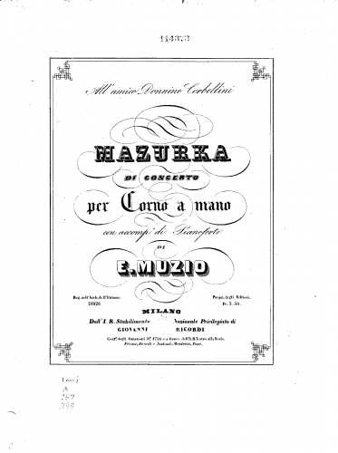 Muzio - Mazurka di concerto per corno a mano con accomp. di pianoforte - Horn / Piano score, Horn solo (in E-flat)