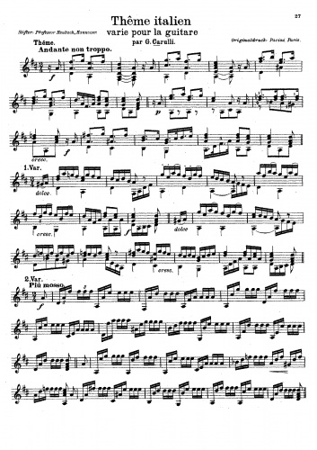 Carulli - Thême Italien, varié pour la guitare - Score
