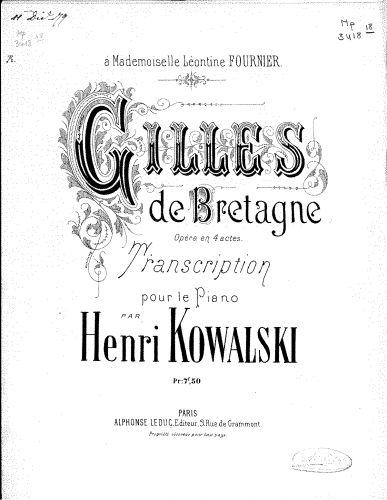 Kowalski - Gilles de Bretagne - Selections For Piano - Score