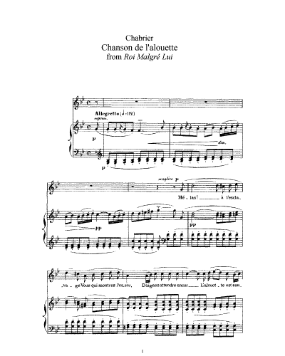Chabrier - Le roi malgré lui - Vocal Score Chanson de l'alouette (Act II) - Chanson de l'alouette