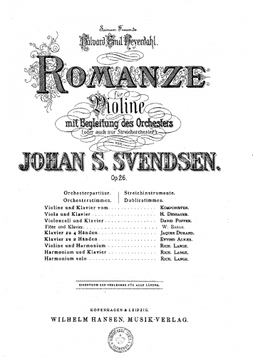 Svendsen - Romance, Op. 26 - For Flute and Piano (Svendsen and Barge) - Piano Score and Flute Part
