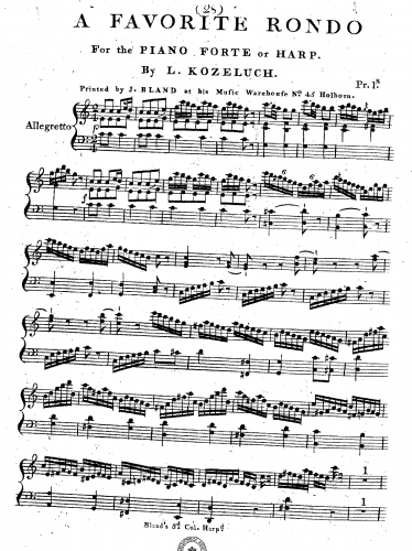 Kozeluch - A Favorite Rondo For the Piano Forte or Harp - Score
