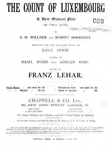 Lehár - Der Graf von Luxemburg - Vocal Score Original Version (1909) - Score