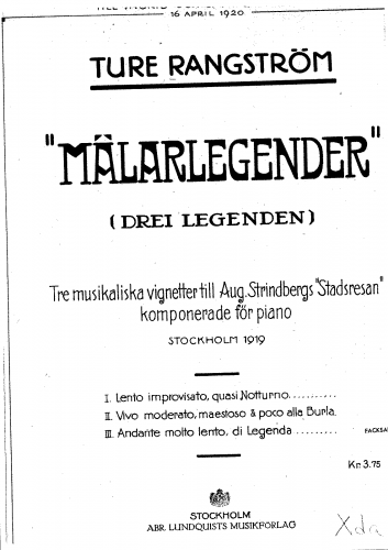 Rangström - Mälarlegender - Piano Score - Score